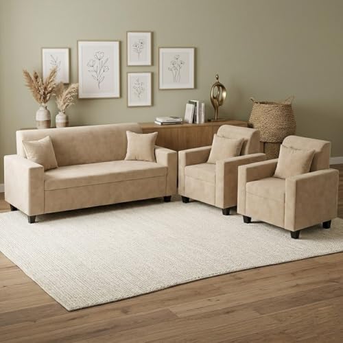 Image of FURNY QualityWood 3 Seater + 1 Seater + 1 Seater Fabric Sofa Set (Beige) with Velvet Finish | Durable Comfort | Ideal for Living Room