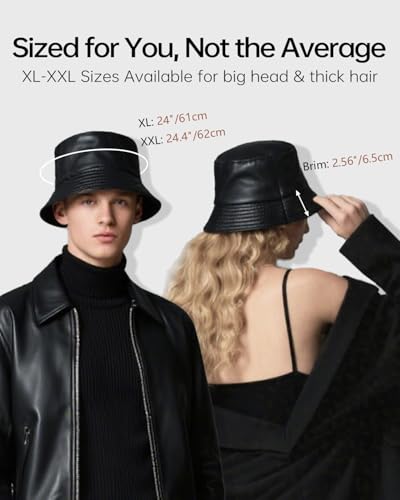 Image of Zylioo XXL PU Leather Bucket Hat for Big Heads, Large Waterproof Floppy Brim Travel Hat with Thin Fleece Lining Packable