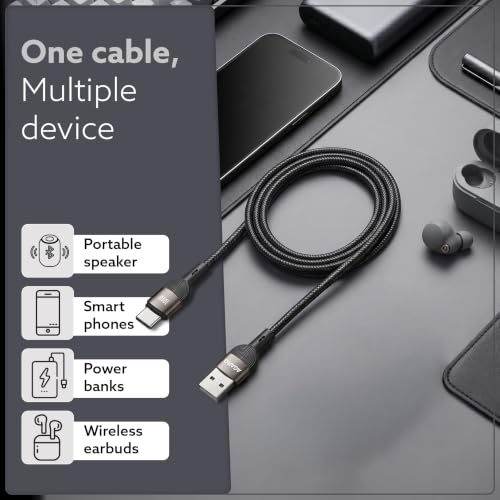 Image of AGARO USB A to Type C Fast Charging Cable (1.2M), 100W, 5A Super Fast Charge, 480Mbps Data Sync, Durable Nylon Braided, Tangle-Free, Compatible with Smartphone, Tablet, Laptop & More
