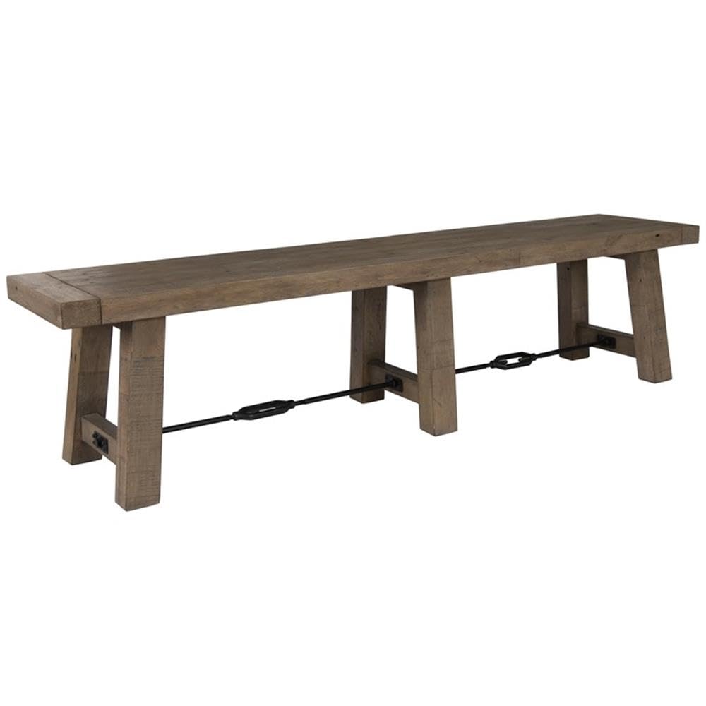 Pemberly Row Transitional Reclaimed Pine Bench, 74 in Wide, Weathered Brown Finish, Seats up to 3, Metal Turnbuckle Accents, Hand-Finished Dining or Kitchen Room Seating