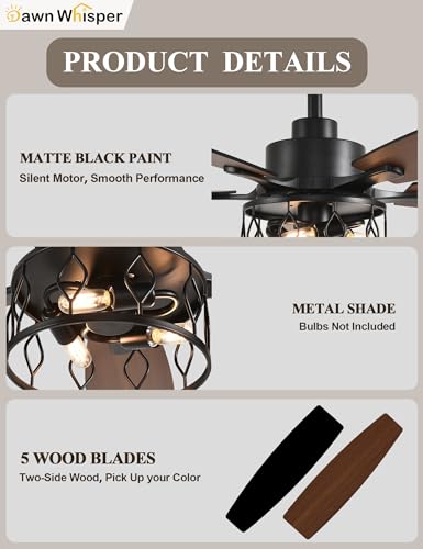 Image of Dawn Whisper 52 Inch Black Ceiling Fans with Lights Farmhouse Ceiling Fan with Remote for Bedroom Living Room Caged Classic Chandelier Fan for Indoor(NO Bulbs