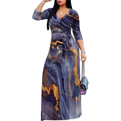 Image of PinkPatty Women's Print Maxi Dresses 3 /4 Sleeve Flowy Long Dress V Neck Wrap Tie Waist Sundress