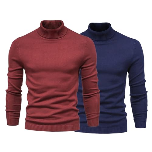 Men's Turtleneck Sweater 2 Pack Set Long Sleeve Thermal Cotton Pullover Slim Fit Knitted Lightweight Sweaters