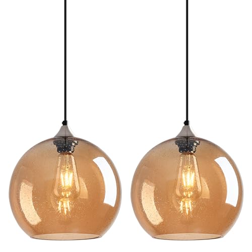 Image of Amber Glass Pendant Lights Kitchen Island Globe Pendant Light Fixtures Modern Pendant Lighting for Bedroom Living Dining Room Light Fixture (9.84 in, 2 Pack)