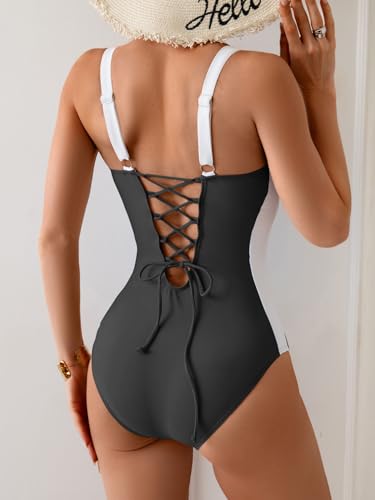 Eomenie Women's Tummy Control One Piece Swimsuit Slimming Lace Up Back Bathing Suit V Neck Swimwear3