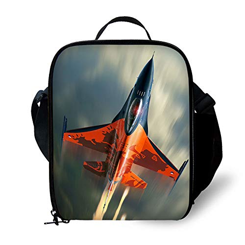 ANYFOCUS 3D Airplane Print Kids Lunch Bag Durable Insulated Lunchbox Small Black Lunch Box for Children Boys Girls Customized Cooler Bag with Adjustable Shoulder Strap