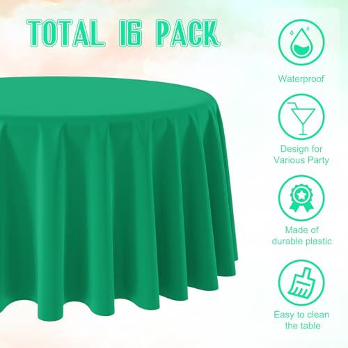 Image of 16 Pack Green Plastic Tablecloth for Round Tables, Premium Decorative Green Disposable Table Cloths for Parties, Round Party Table Cover for Birthday Anniversary Graduation Picnic Party, 84 Inch