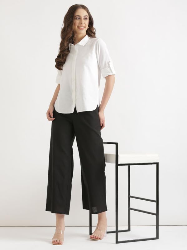 Image of SAADAA Women's Relaxed Fit Mid Rise Airy Linen Wide Leg Pants, High Waist Trousers for Formal, Casual & Office Wear