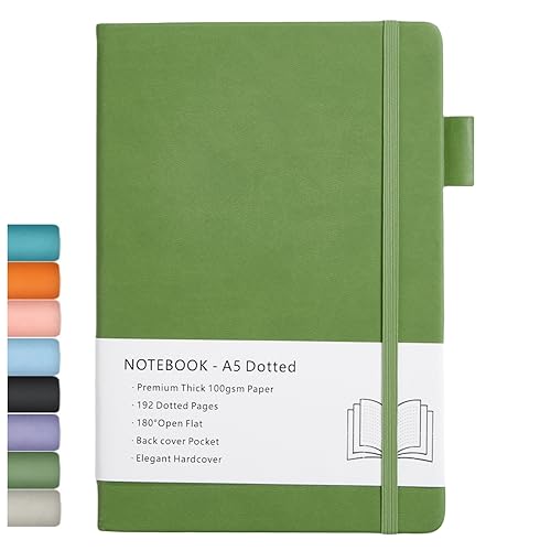 Dotted Journal A5, Hardcover Notizbuch Gepunktet mit 192 Seiten, Premium 100 GSM Dickes Papier, Innentasche, Elastisch Gebändert, Kunstledereinband, 14,5x21,3 cm (Grün)