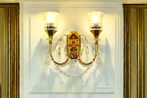 Image of Prop It Up Crystal Wall Sconce, 2-Light Chandelier with Glass Shades, Gold Finish, Decorative Crystal Drops, Without Bulb