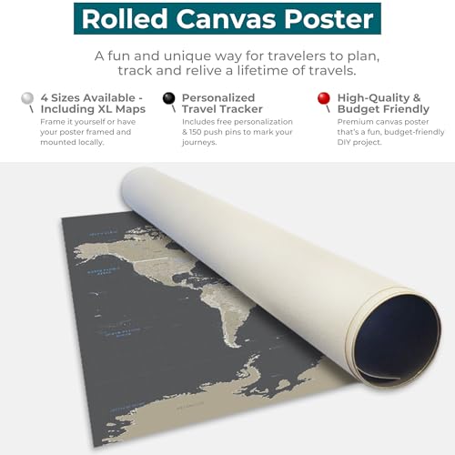 Image of Neutral World Push Pin Map Poster on Canvas - Personalized Travel Tracker Map - Large 24 inch x 36 inch - World Wall Art