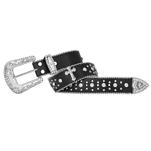 JASGOOD Rhinestone Studded Belt for Men Women, Western Leather Belt for Cowgirl Cowboy Vintage Bling Belt for Pants Dress2