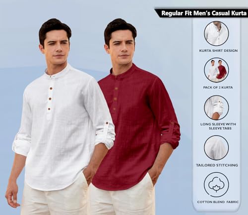 Image of Zombom Men's Combo Cotton Polyester Blend Solid Full Sleeve Straight Regular Fit Mandarin /Chinese Collor Kurta (Pack of 2)