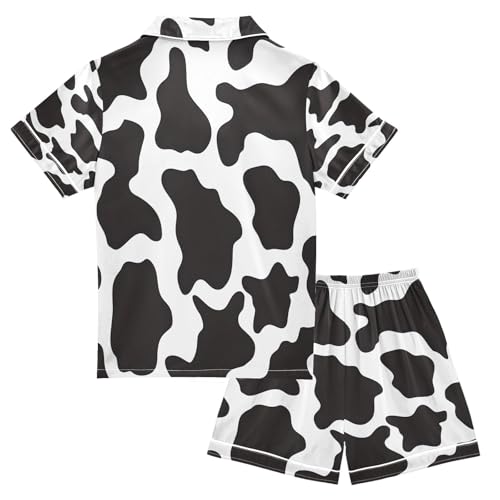 ALAZA Black White Cow Print Animal Satin Pajamas Set Short Sleeve Button Down Sleepwear Summer Pjs 2 Piece2