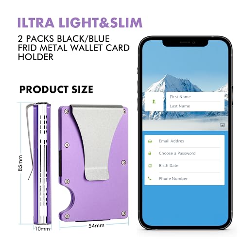 SCULPFUN 2pcs Minimalist Wallet for RFID Blocking, Slim Aluminum Metal Pocket Wallet with Money Clip, Metal Wallets for Women, Personalizable Laser Engraving (Pink+Purple)3