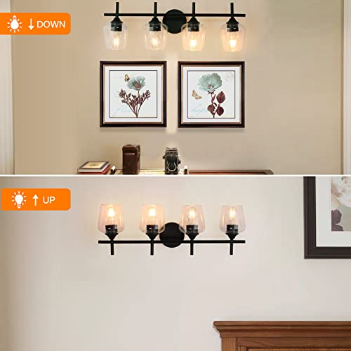 Image of foucasal 4-Light Bathroom Light Fixtures, Matte Black Vanity Lights with Clear Glass Shades, Modern Wall Lights for Mirror Kitchen Living Room Hallway Cabinet Porch