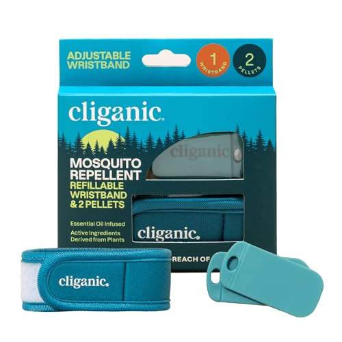 Cliganic Mosquito Repellent Pack (Wristband + 2 Refill Pellets) - Adjustable, Natural DEET-Free, Essential Oil Infused