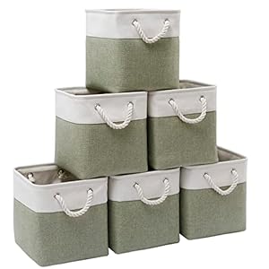 Cube Storage Bins, Collapsible Fabric Storage Cubes Bins, 11 Inch Cube Storage Bins with Handles, Foldable Storage Cubes (White/ Green, 6Pack)