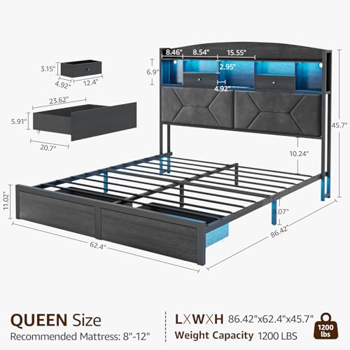 Queen Size Black Bed Frame with 4 Storage, Upholstered Velvet Platform Bed Frames with Button Tufted Headboard Led Lights, Wooden Slats Support, No Box Spring Needed, Black - Image 3
