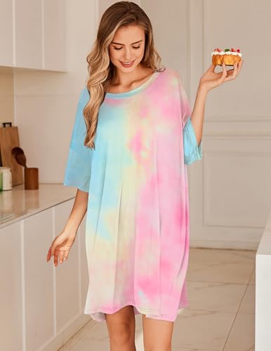 Image of Ekouaer Plus Size Nightgowns for Women Oversized Sleep Shirt Short Sleeve Nightshirt T-Shirt Dress Sleepwear S-5XL