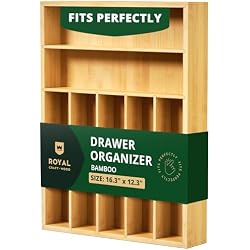 ROYAL CRAFT WOOD Luxury Bamboo Utensil Rack and Silverware Organizer, Kitchen Drawer Organizer - Utensil Holder and Cutlery Tray with Grooved Drawer Dividers for Flatware 7 Slot, Natural