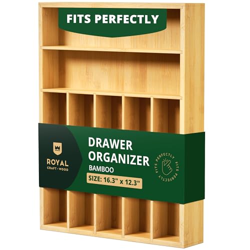 Bamboo Kitchen Drawer Organizer Tray for Flatware - Best Cutlery Tray for Silverware and Kitchen Utensils (7 Slots, Natural)