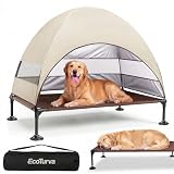 Elevated Dog Bed with Canopy - 3-Sided UV Protection Pet Tent with Wider Shade, Raised Cooling Outdoor Dog Cot with Breathable Mesh for Medium Large Dogs, Portable Bed for Camping, Patio (Khaki, L)