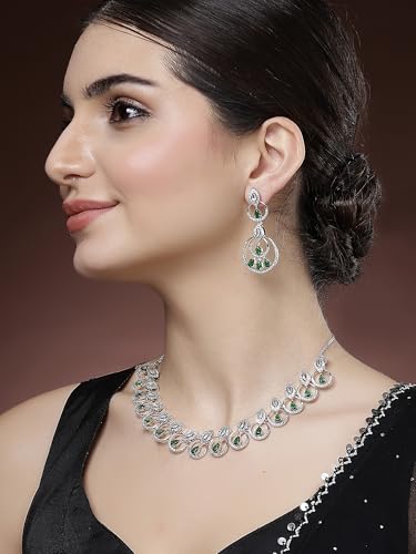 Image of Karatcart Silver Tone Green American Diamond Studded Necklace Set for Women