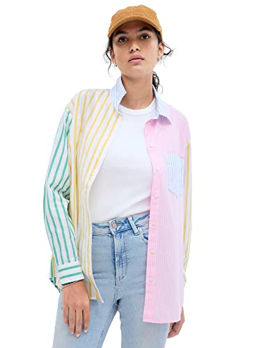 Gap Womens Long Sleeve Poplin Big Shirt Mix Stripe Rasp Rose Xl #TOP4