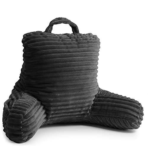 Clara Clark Cut Plush Striped Reading Pillow For Kids & Teens, Medium Back Pillow, Back Support Pillow, Shredded Memory Foam Bed Rest Pillow With Arms, Dark Gray #TOP1