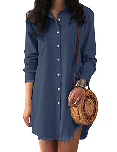 Vetinee Women's Dark Blue Casual Denim Button Down Shirt Dress Collared V Neck Frayed Hem Long Sleeve Pocket Tops Blouse Size X-Large