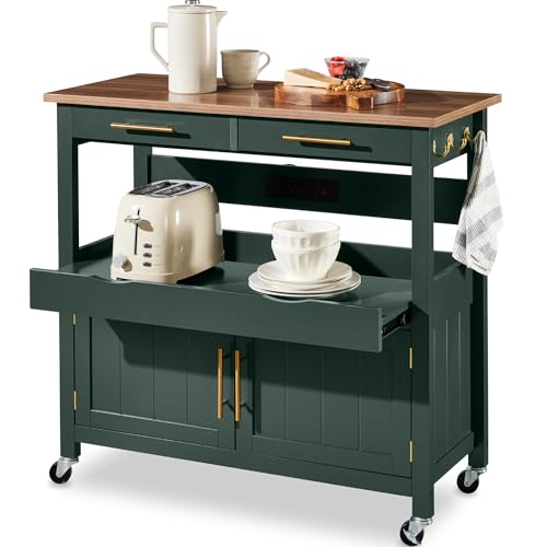 Best Choice Products 36in Large Rolling Kitchen Island Cart 2-Door Cabinet 2 Drawers Pull-Out Shelf Power Outlet Hooks & Swivel Lockable Wheels - Forest Green