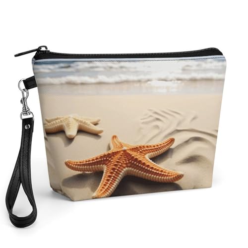 Bolsa de maquillaje de gran capacidad con asa y estampado de estrella de mar para cosméticos