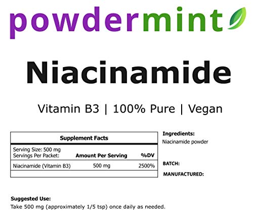 Powdermint Niacinamide Powder (Vitamin B3 Powder) 100% Pure Niacin 500 Mg Flush-Free (100 Grams) #TOP1