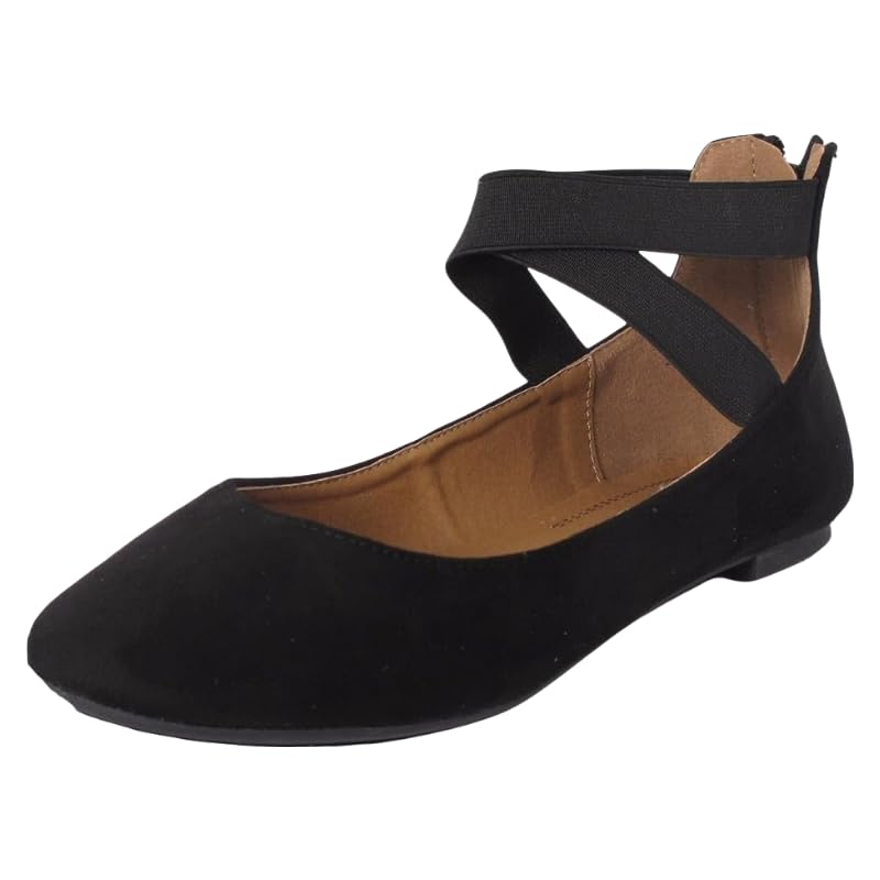 Women's Ballet Flats with Elastic Cross Straps, Black Suede, Back Zipper