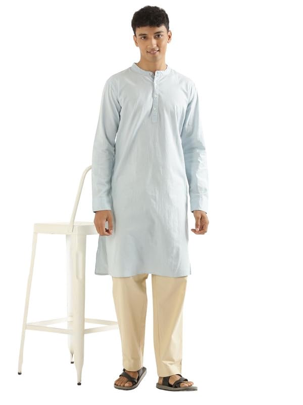 Image of SAADAA Men's Long Kurta - Linen Cotton Blend, Airy Fabric, Regular Fit, Mandarin Collar, Solid Color - Casual, Festive & Ethnic Wear