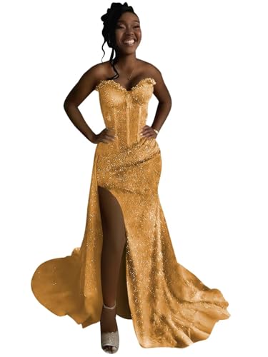 Qbnme Mermaid Prom Dresses for Teens Gold Sequin Strapless Corset Formal Dresses Long for Women Size 6