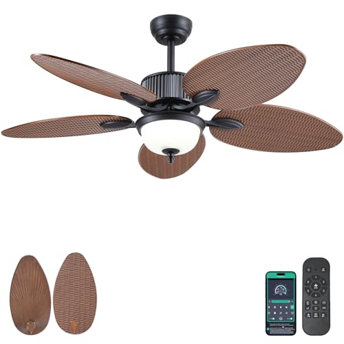 Wiviniya 50 Inch Tropical Ceiling Fans with Lights, Palm Leaf Waterproof Outdoor Ceiling Fan for Patios Porch, Remote/APP Control, Wet Rated, Glass Lampshade, Quiet DC Motor, Dimmable LED, Light Brown