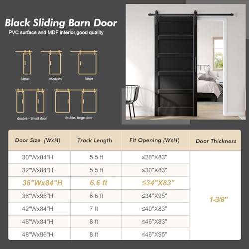 Image of Fredbeck 36x84 inch Black Barn Door with 6.6FT Hardware Kit,Modern,5-Panels