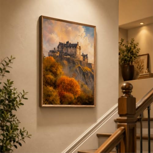 Image of Livin'luxe Castle Mountain Landscape Wall Painting for Living Room Bedroom Hall Office Decor, Vintage Autumn Artwork with Sparkle Laminate and Premium Wooden Synthetic Frame (19.5 x 25.5 Inch) NL01-4113