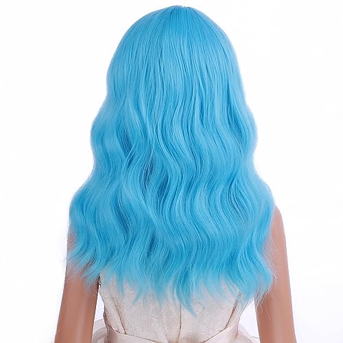 Image of PATTNIUM Blue Wig for Women Short Wavy Wig with Bangs Light Blue Wigs Heat Resistant Synthetic Hair Wigs