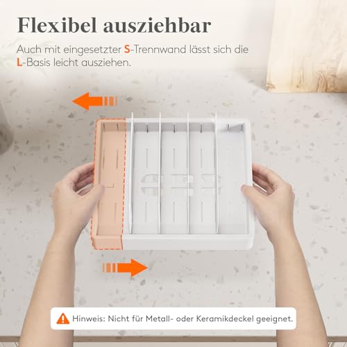 Lifewit Deckelhalter erweiterbar von 25-44 cm, Deckel Organizer aus Kunststoff, Schubladen Organizer Küche für Frischhaltedosendeckel, Aufbewahrungsbox für Deckel mit 8 verstellbaren Trennwänden, Weiß 6
