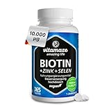 Biotin hochdosiert 10.000 mcg + Selen + Zink für Haarwuchs, Haut & Nägel, 365 vegane Tabletten für 1 Jahr, Nahrungsergänzung ohne Zusatzstoffe, Made in Germany