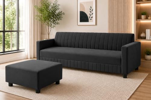 Image of 3 Seater Velvet Sofa with Ottoman | Modern Upholstered Couch | Comfortable Living Room Sofa | Durable & Stylish Seating for Home, Office & Guest Room - Black Color