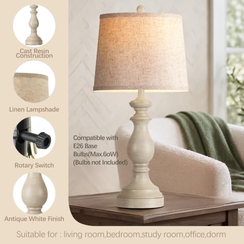 Image of PARTPHONER Traditional Table Lamp Set of 2, Rustic Farmhouse Table Lamps for Living Room Bedroom, 27 inch Bedside Desk Lamps Vintage Nightstand Lamps with Linen Shades, Antique White