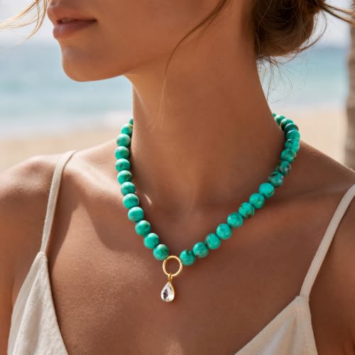 Turandoss Turquoise Beaded Necklace for Women, CZ Choker Pendant - image 2