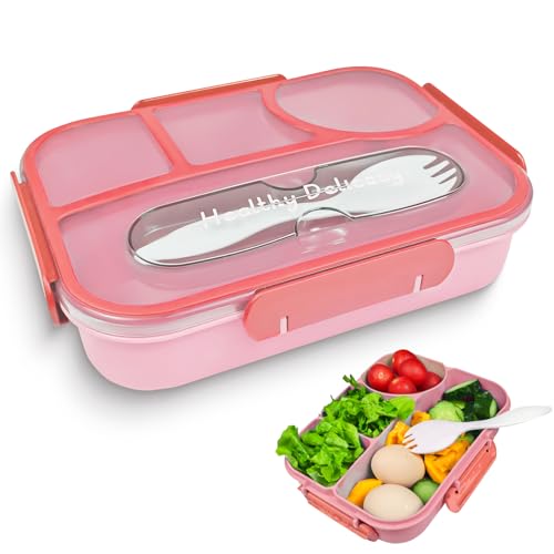 Axinost Lunch box,Fiambrera con 4 Compartimentos, para estudiantes y niños, lunch boxes de 1100 ml, contenedores para alimentos cocinados en el horno de microondas (rosa)