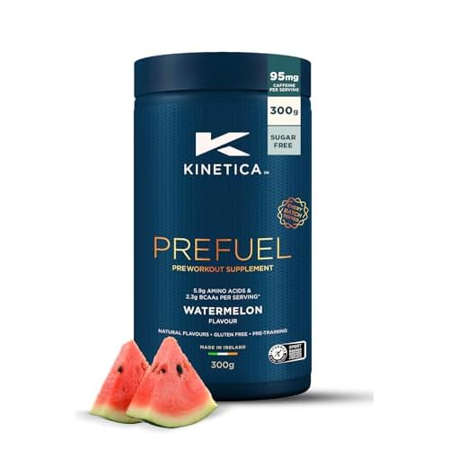 Kinetica PreFuel, pré-entrainement, Pastèque, 30 portions – 5,9 g d’acides aminés et 2,3 g de BCAA par portion – sans gluten, sans sucre, pot de 300 g