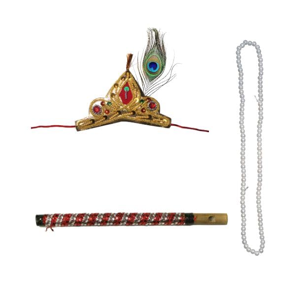 Image of Kaku Fancy Dresses Krishna Jewellery Combo Set for Kids - Includes Mala, Mukut, Bansuri & Mor Pankh - Janmashtami Costume Accessories