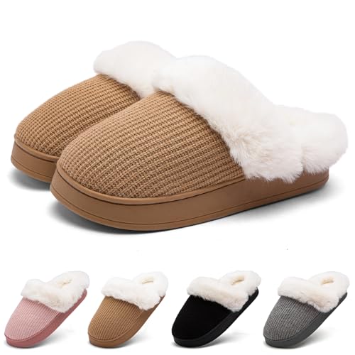 Women's Fuzzy House Slippers Comfy Memory Foam Bedroom Slippers Warm Knit Fluffy Plush Slip-on House Shoes Indoor Outdoor (B777 Khaki 5-6)